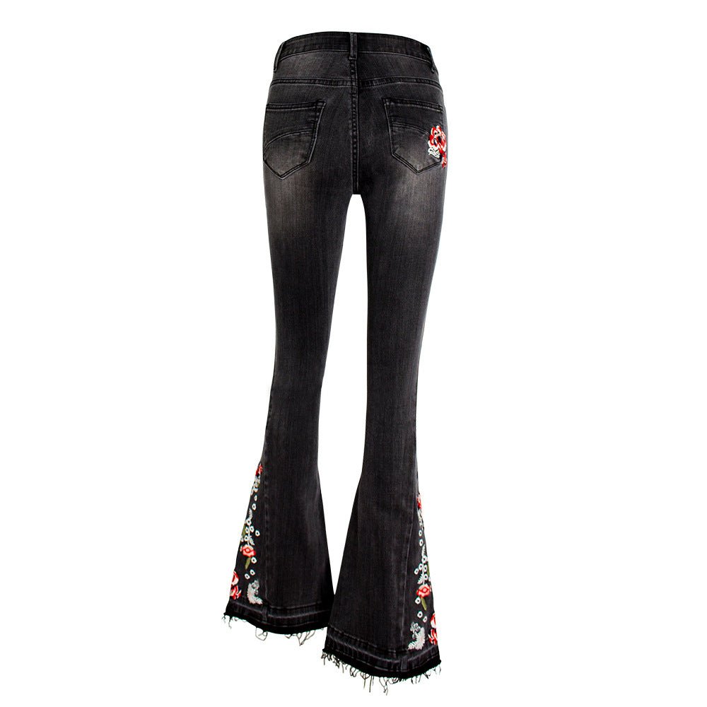 Pantalon évasé à fleurs brodées pour l'industrie lourde, pantalon en jean noir pour femme - RAPHYA