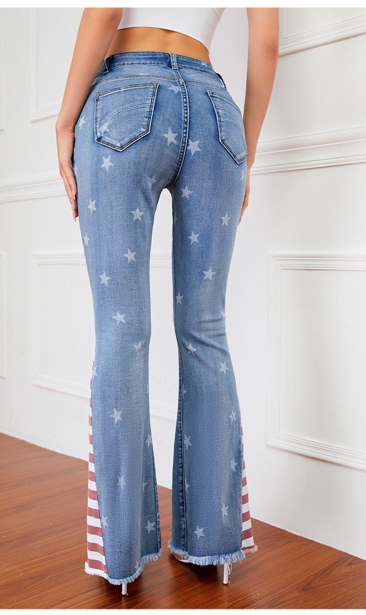 Pantalon évasé long au sol à motif d'étoiles à rayures color block Femme - RAPHYA