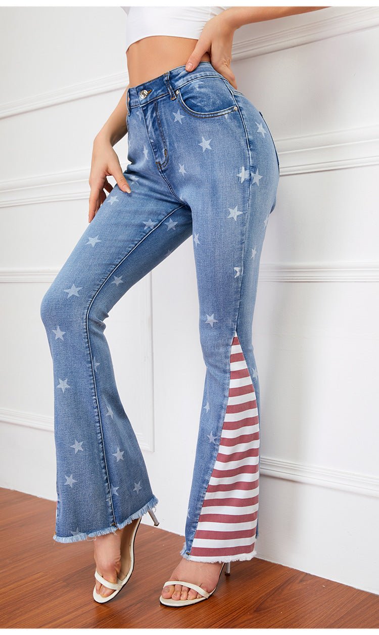 Pantalon évasé long au sol à motif d'étoiles à rayures color block Femme - RAPHYA