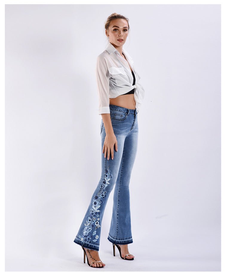 Pantalon large en denim évasé à broderies épaisses Femme - RAPHYA