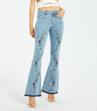 Pantalon large en denim, jean évasé brodé pour femme - RAPHYA