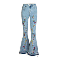 Pantalon large en denim, jean évasé brodé pour femme - RAPHYA