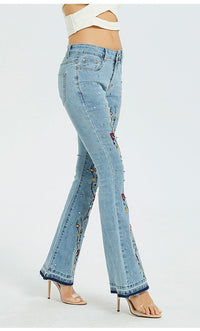 Pantalon large en denim, jean évasé brodé pour femme - RAPHYA