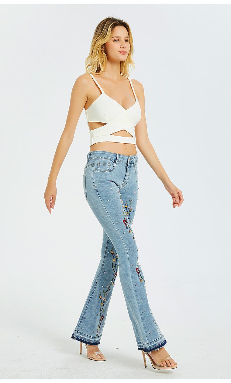 Pantalon large en denim, jean évasé brodé pour femme - RAPHYA