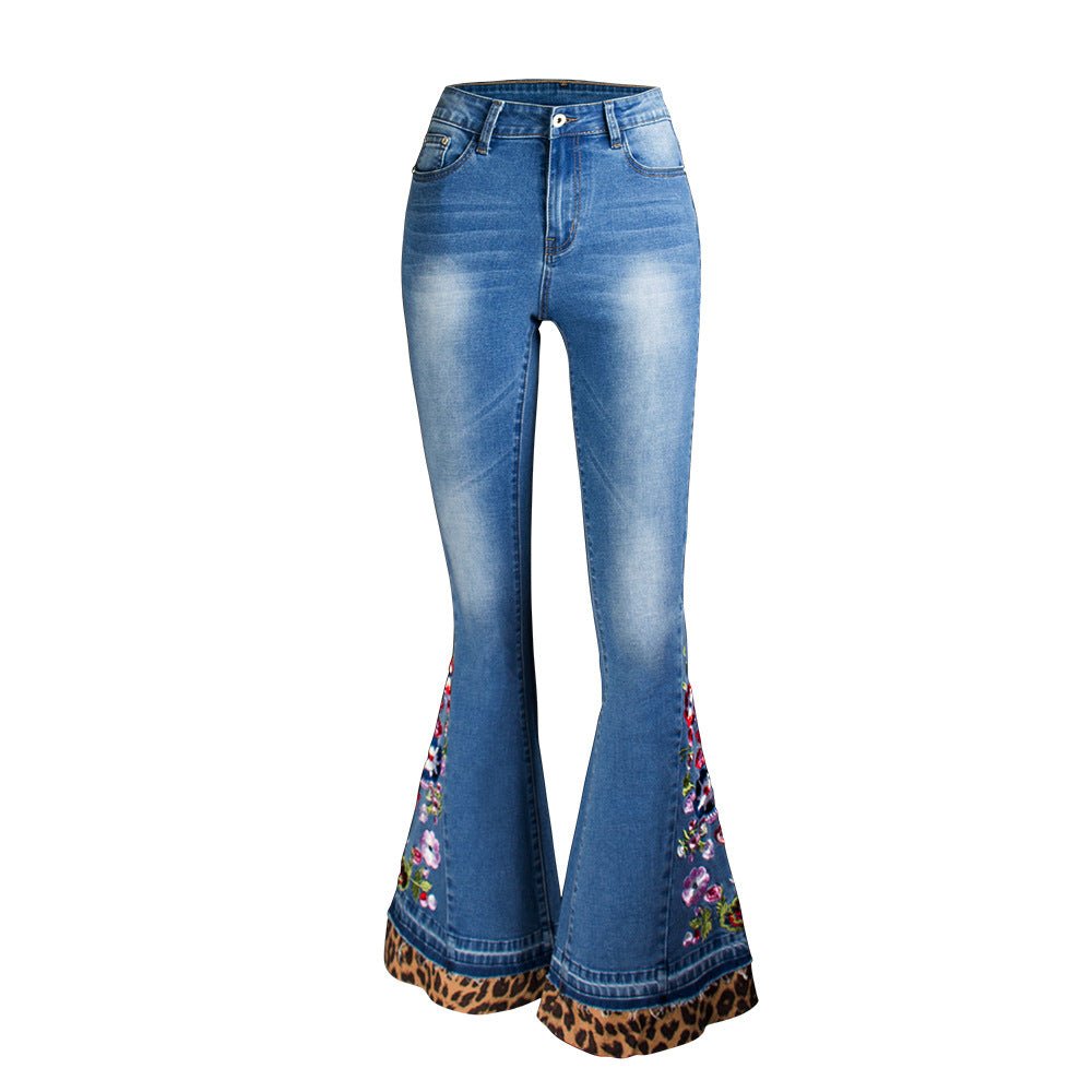 Pantalon large évasé en denim imprimé léopard patchwork brodé Femme - RAPHYA