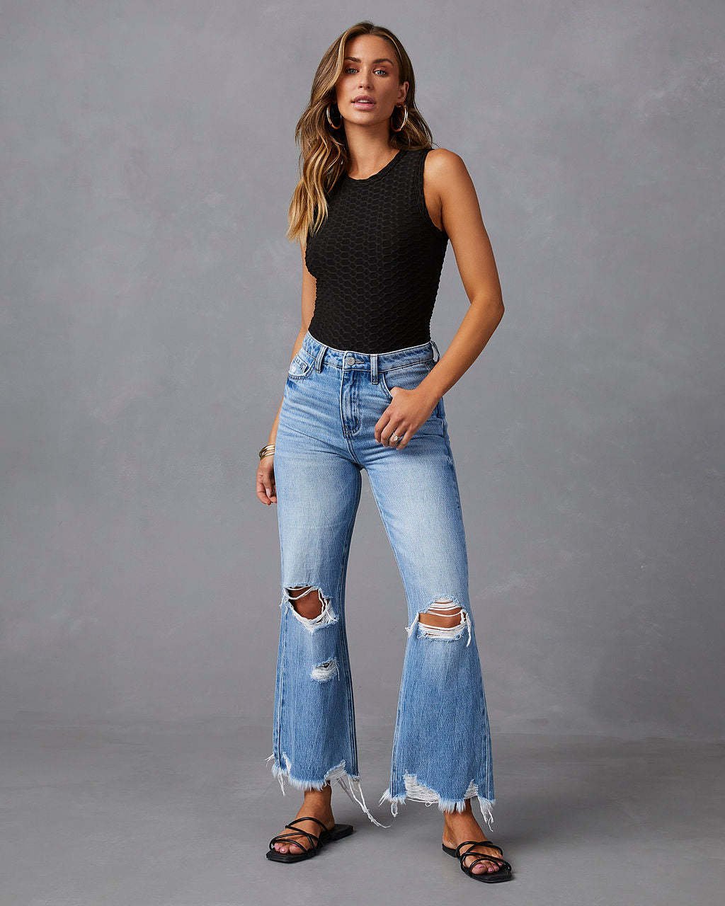 Pantalon large taille haute en denim effet vieilli délavé Femme - RAPHYA