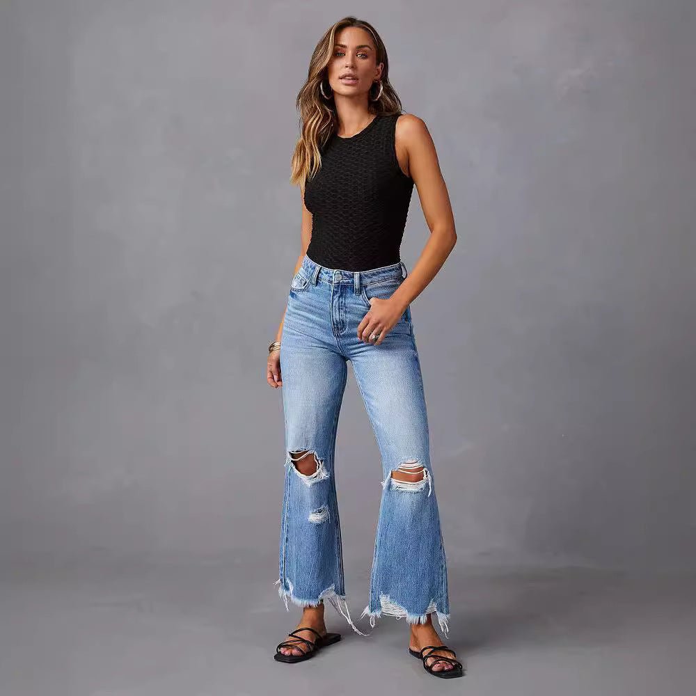 Pantalon large taille haute en denim effet vieilli délavé Femme - RAPHYA