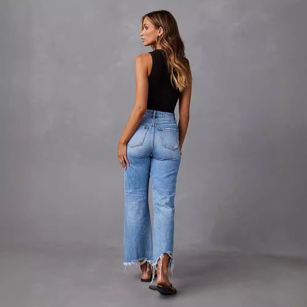 Pantalon large taille haute en denim effet vieilli délavé Femme - RAPHYA