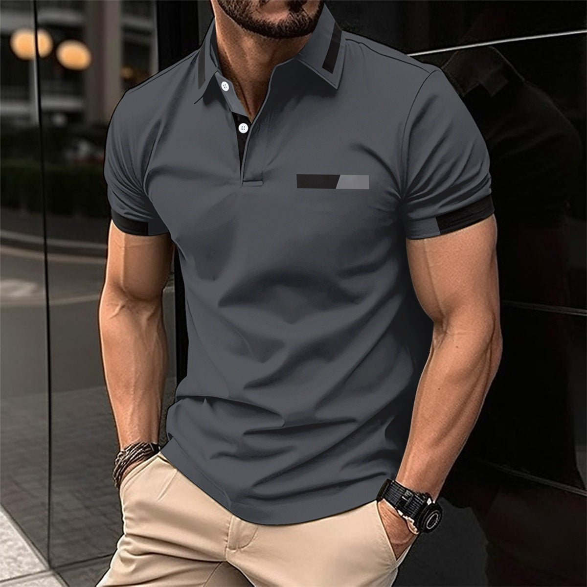 POLO décontracté avec fausse poche poitrine, bouton de revers, haut T-shirt business Homme - RAPHYA