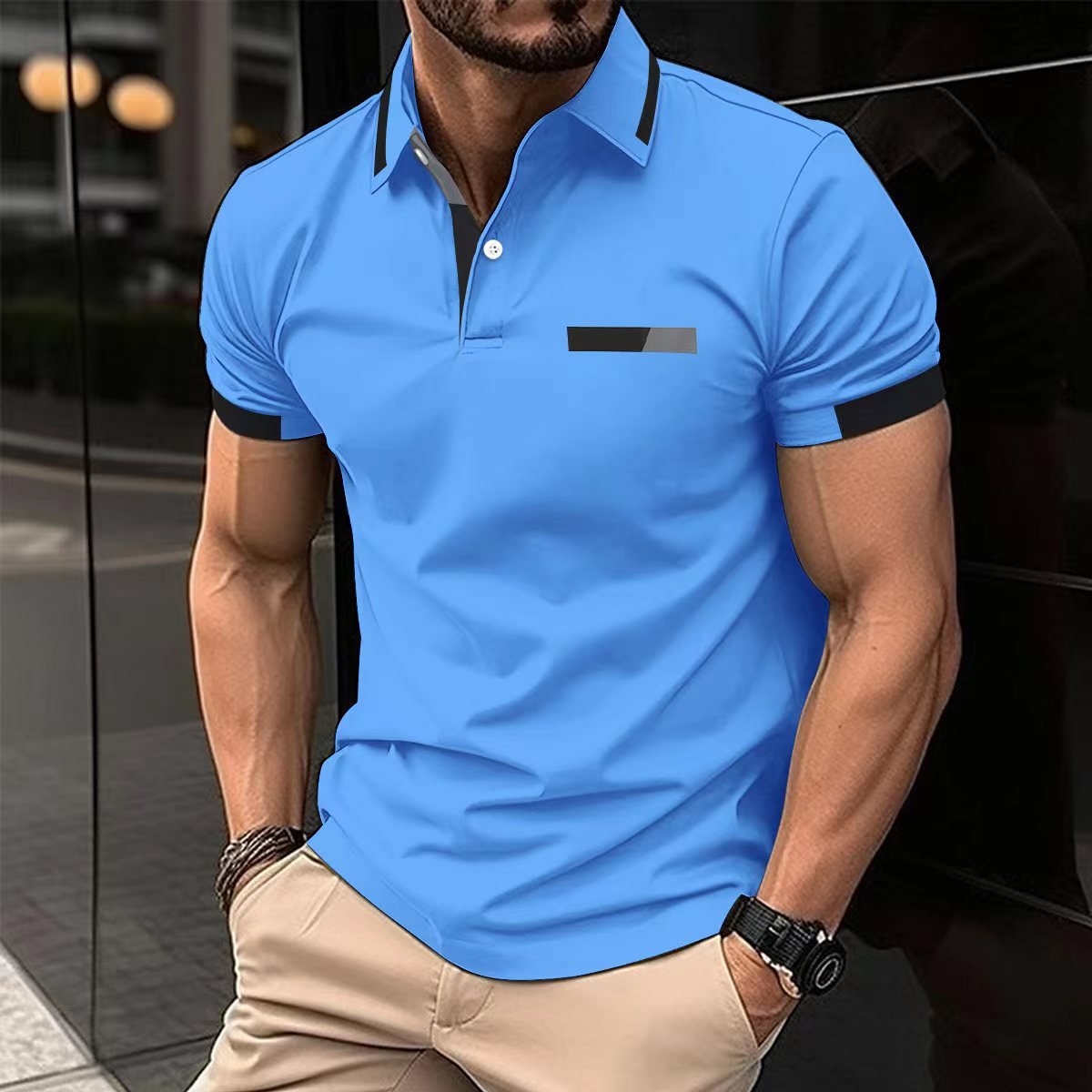 POLO décontracté avec fausse poche poitrine, bouton de revers, haut T-shirt business Homme - RAPHYA