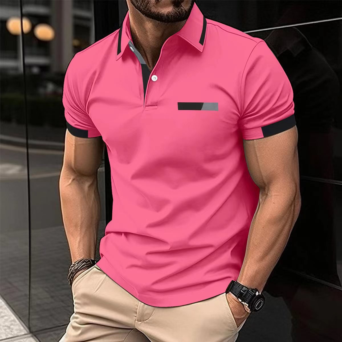 POLO décontracté avec fausse poche poitrine, bouton de revers, haut T-shirt business Homme - RAPHYA