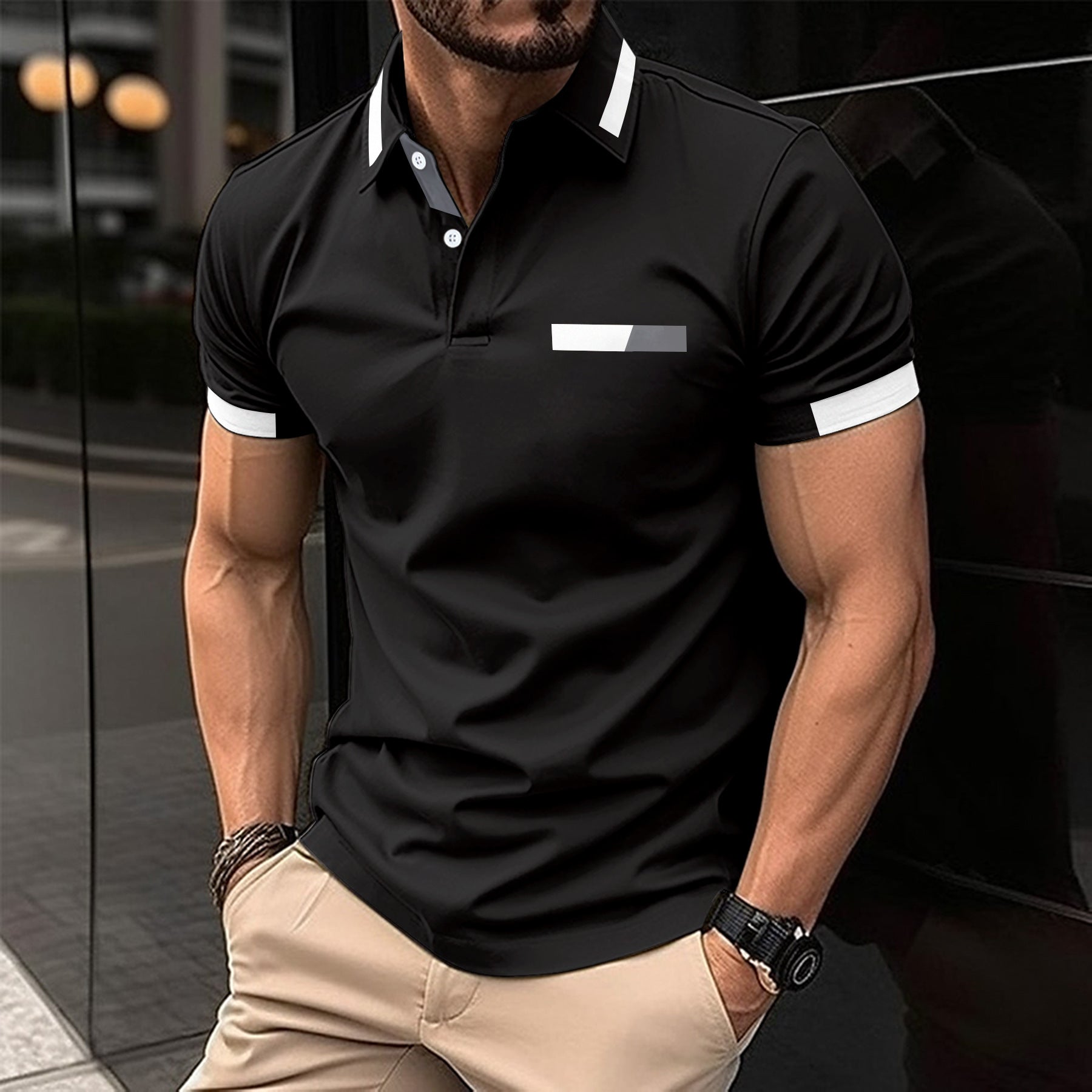 POLO décontracté avec fausse poche poitrine, bouton de revers, haut T-shirt business Homme - RAPHYA