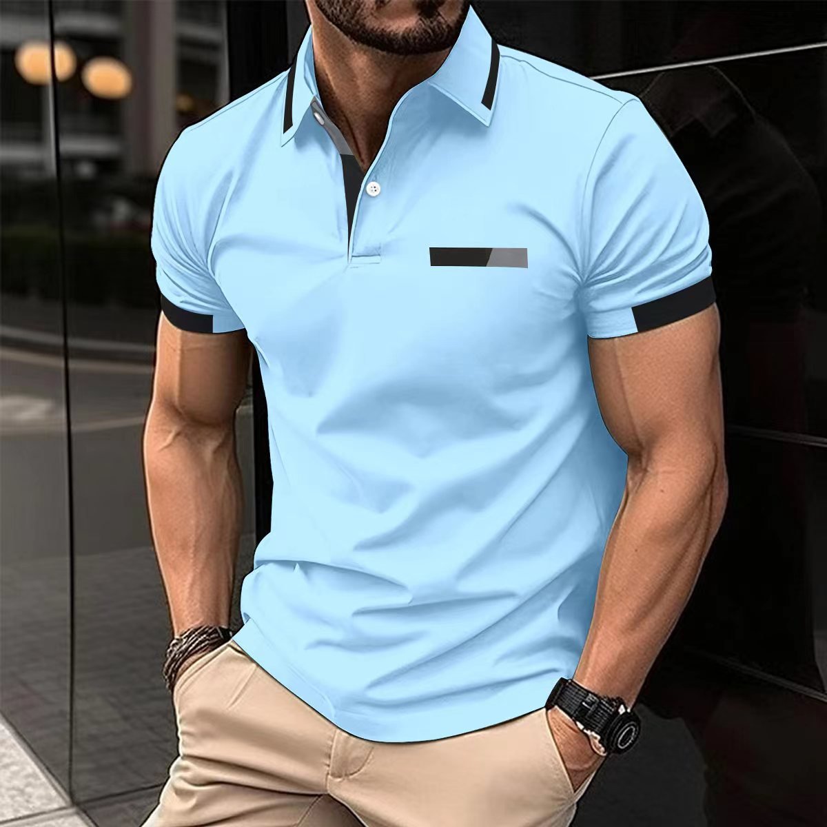 POLO décontracté avec fausse poche poitrine, bouton de revers, haut T-shirt business Homme - RAPHYA