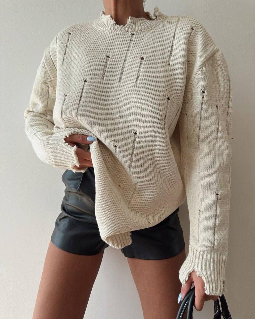 Pull ample à col rond effiloché fait à la main, début d'automne Femme - RAPHYA