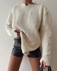 Pull ample à col rond effiloché fait à la main, début d'automne Femme - RAPHYA