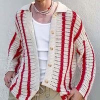 Pull cardigan rayé en tricot creux à la mode et polyvalent Homme - RAPHYA