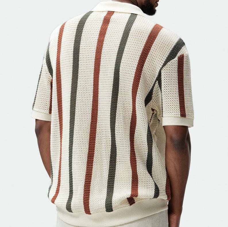 Pull polo creux tricoté épais de couleur contrastée rayé décontracté Homme - RAPHYA