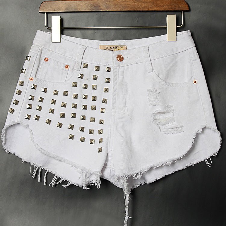 Rivets, moustaches irrégulières, short en jean taille haute, hotpants Femme - RAPHYA