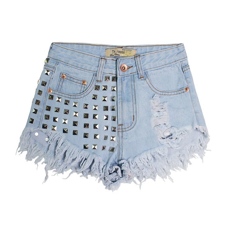 Rivets, moustaches irrégulières, short en jean taille haute, hotpants Femme - RAPHYA