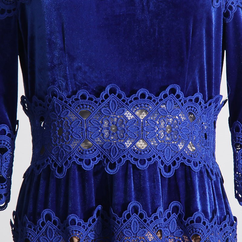 Robe à volants amincissante à la taille, en velours plissé épais, en dentelle, design d'épissage Femme - RAPHYA