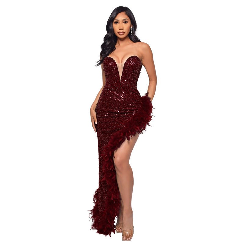 Robe bustier dos nu en plumes à sequins Femme - RAPHYA