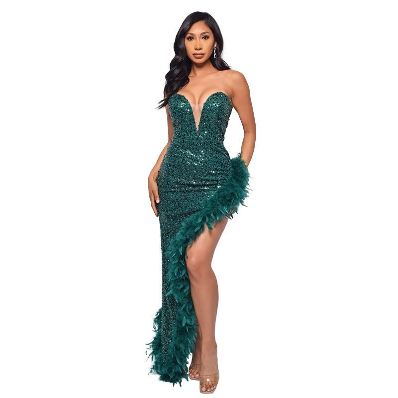 Robe bustier dos nu en plumes à sequins Femme - RAPHYA