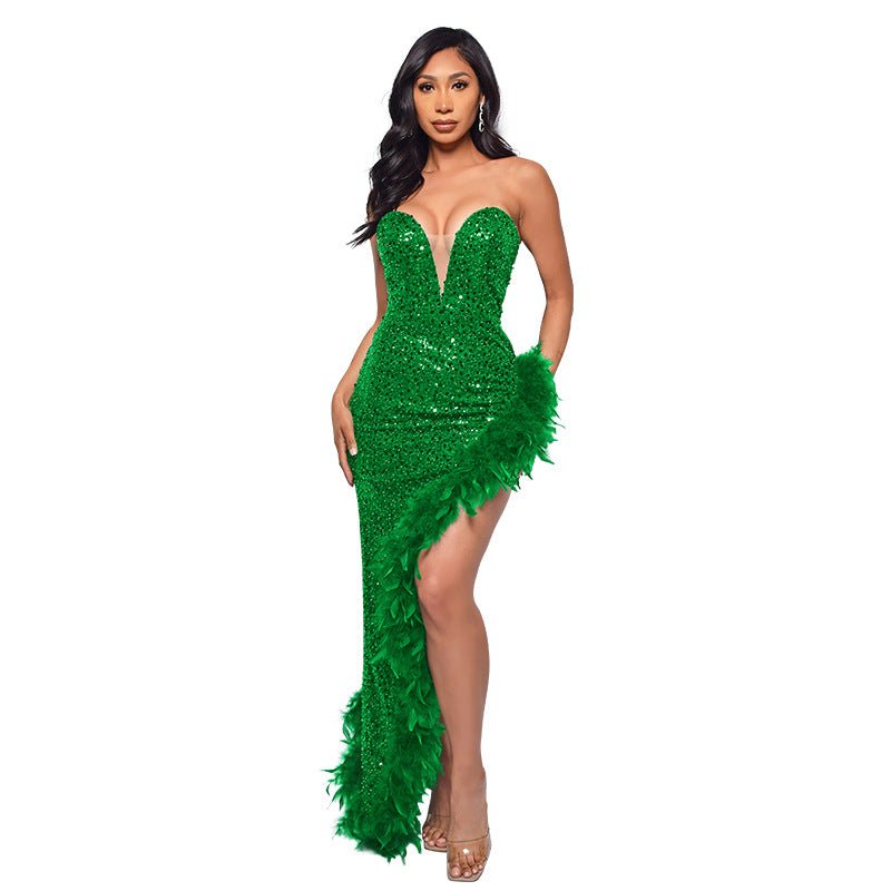 Robe bustier dos nu en plumes à sequins Femme - RAPHYA