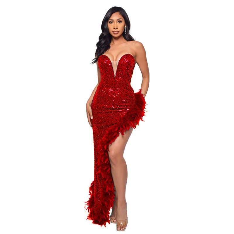 Robe bustier dos nu en plumes à sequins Femme - RAPHYA