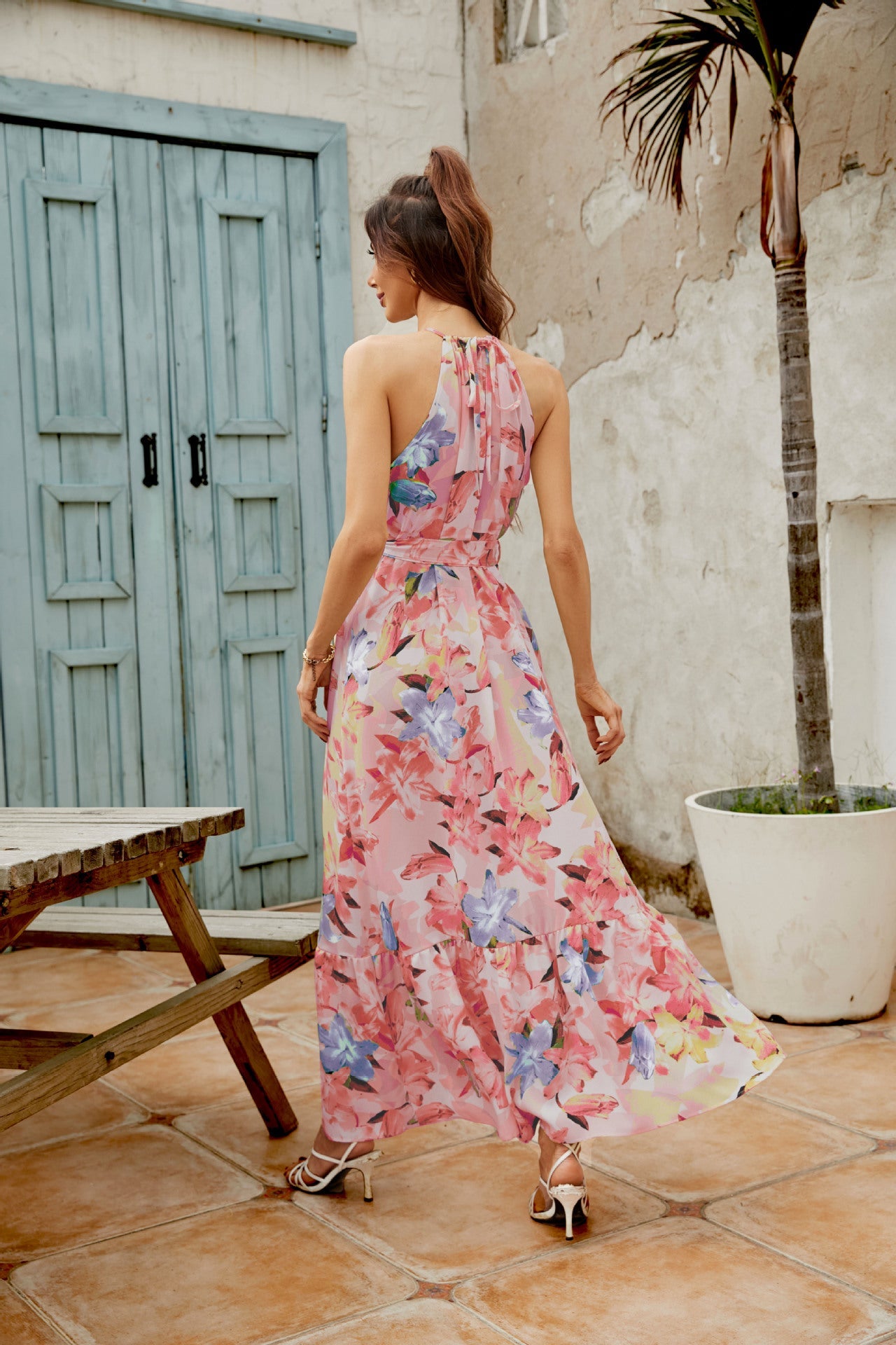 Robe d'été à jupe longue à col rond imprimé français Femme - RAPHYA