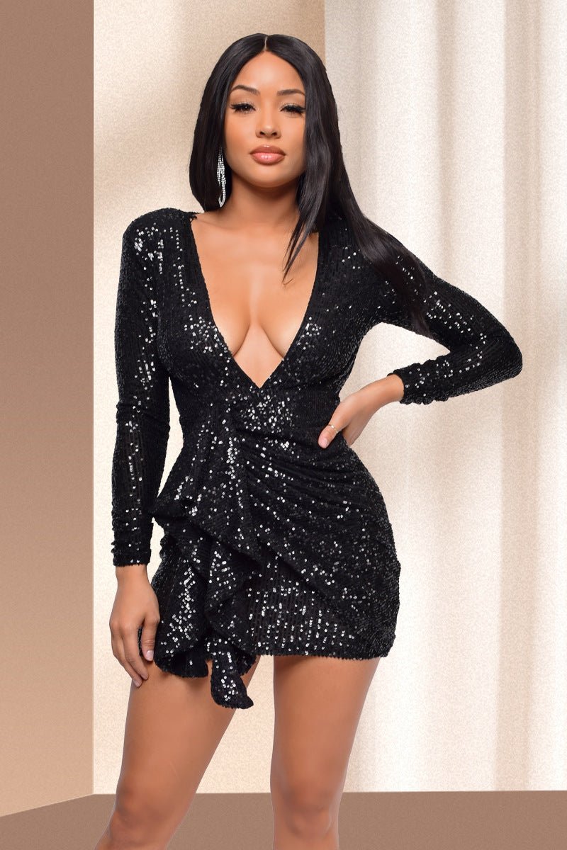 Robe dos nu plissée en V profond à sequins près des hanches Femme - RAPHYA