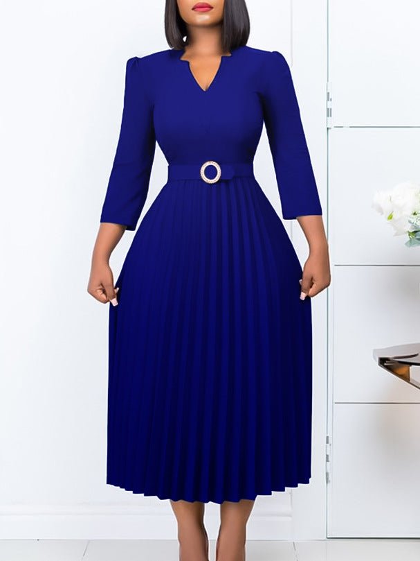 Robe jupe plissée à col en V à la mode et élégante avec ceinture Femme - RAPHYA