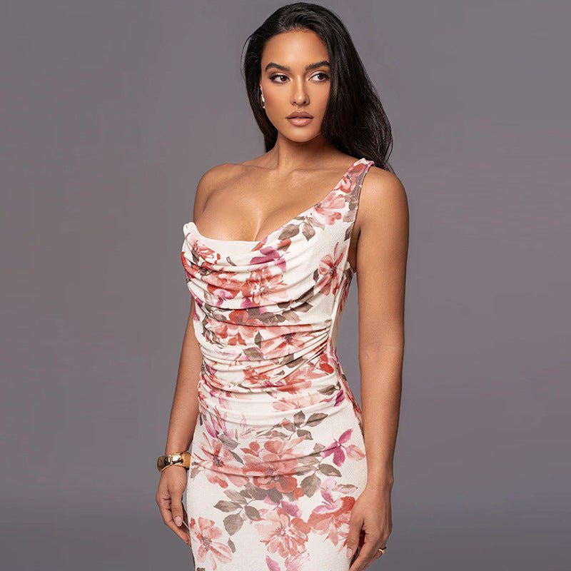 Robe longue à bretelles asymétrique et taille fleurie Femme - RAPHYA