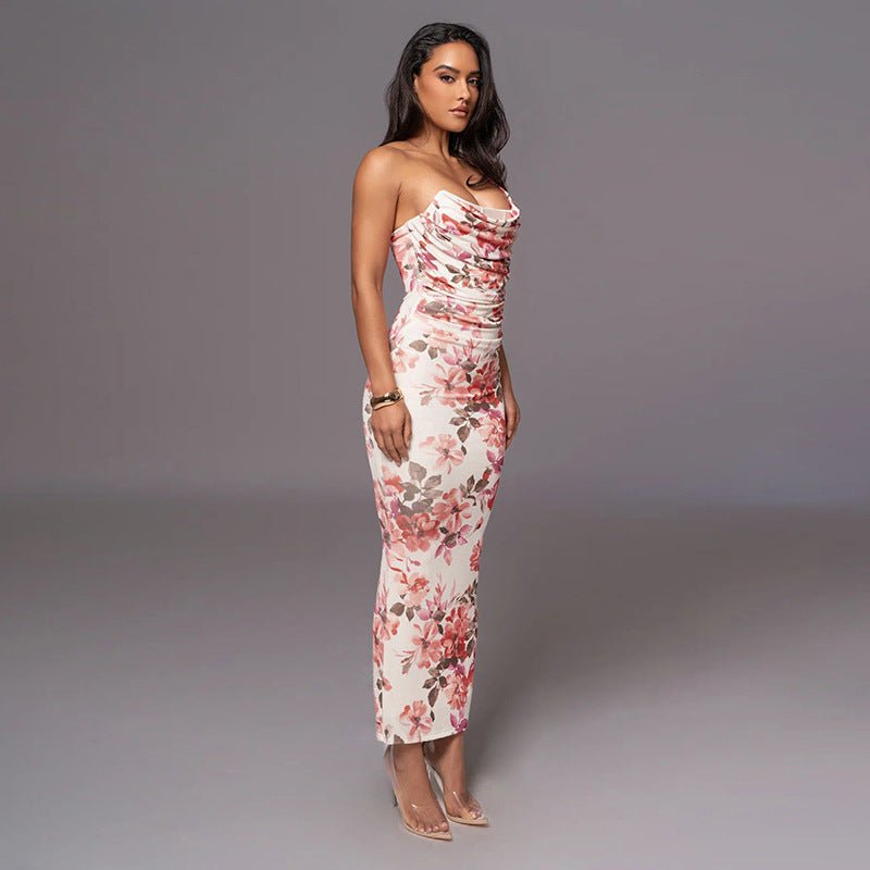 Robe longue à bretelles asymétrique et taille fleurie Femme - RAPHYA