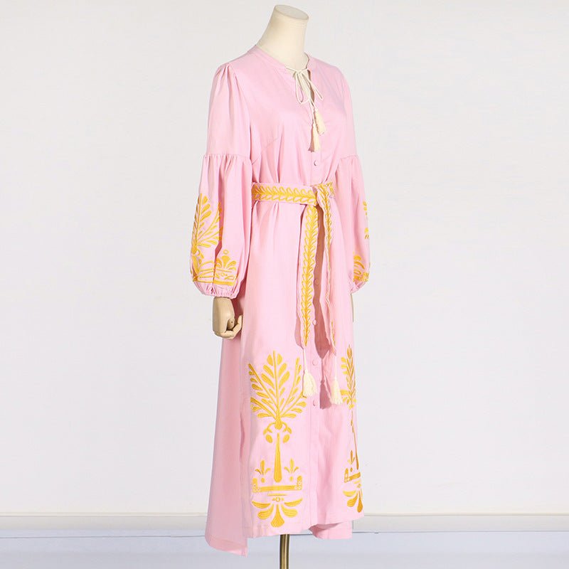 Robe longue à lacets, imprimé littéraire rétro, taille amincissante, manches lanternes Femme - RAPHYA