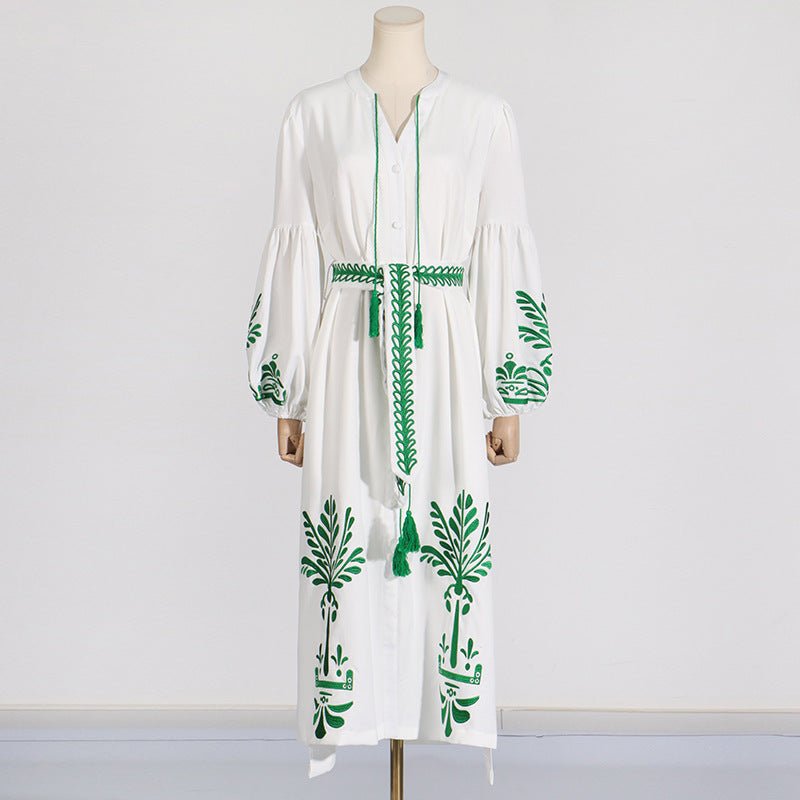 Robe longue à lacets, imprimé littéraire rétro, taille amincissante, manches lanternes Femme - RAPHYA