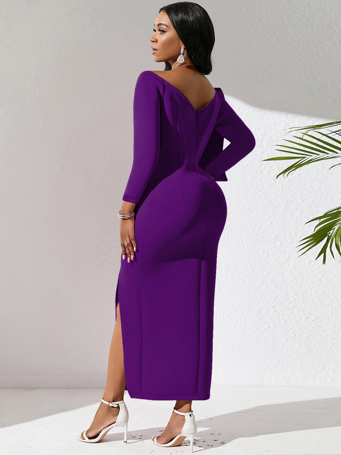 Robe longue de soirée moulante taille haute avec nœud en V profond Femme - RAPHYA