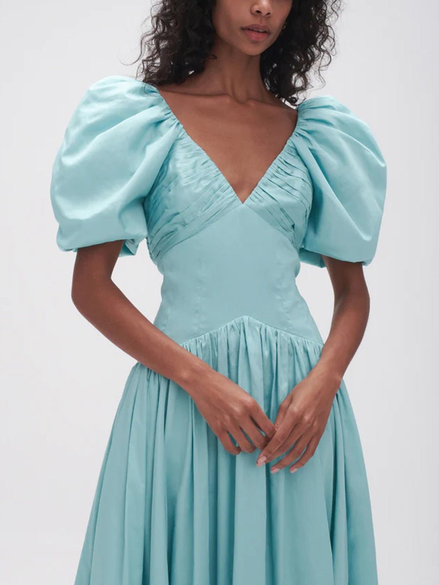 Robe longue française élégante, col en v, manches bouffantes, taille plissée, amincissante Femme - RAPHYA