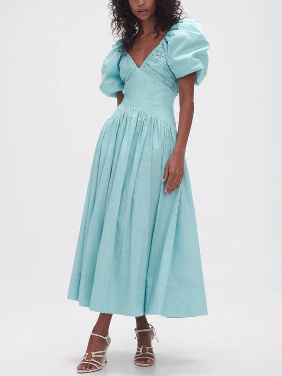 Robe longue française élégante, col en v, manches bouffantes, taille plissée, amincissante Femme - RAPHYA