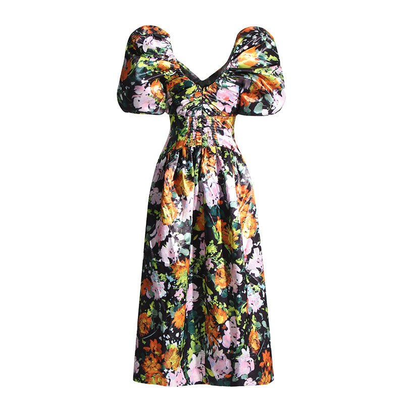 Robe longue française élégante, col en v, manches bouffantes, taille plissée, amincissante Femme - RAPHYA