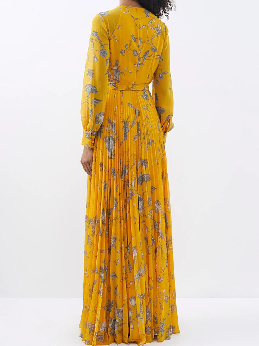 Robe longue française élégante, plissée, florale, taille à lacets, amincissante Femme - RAPHYA