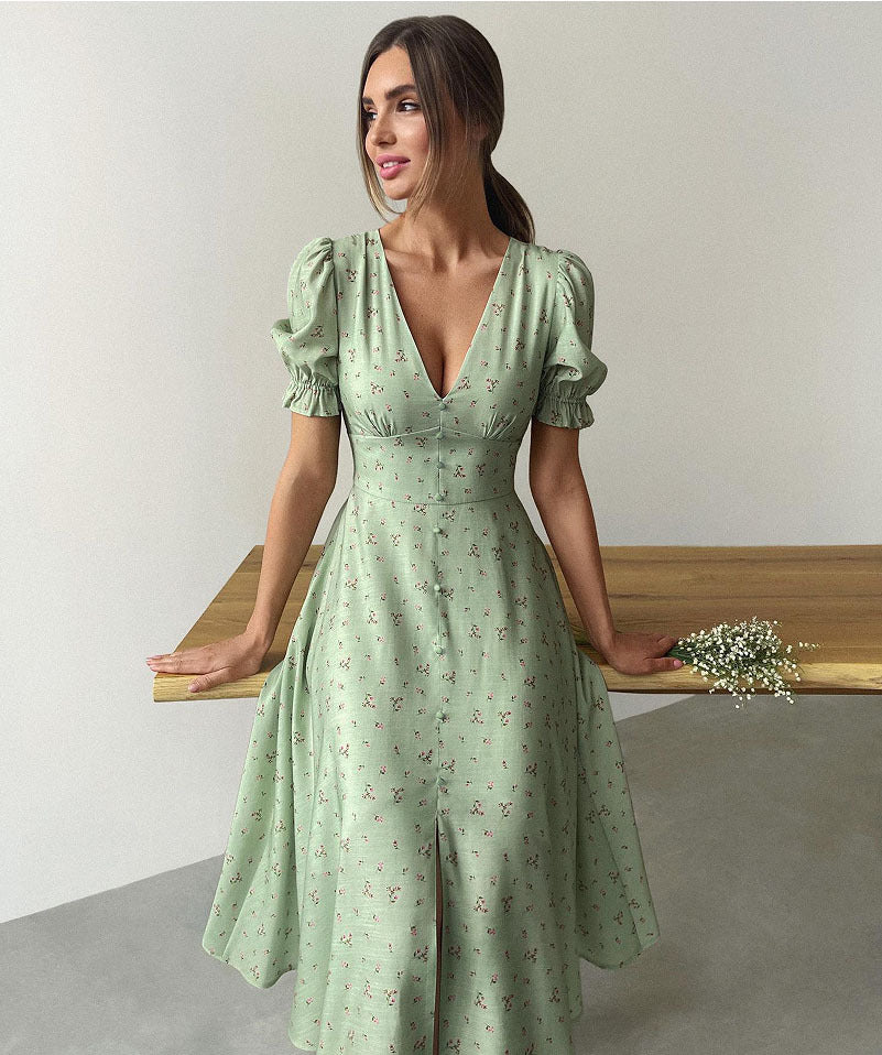 Robe midi boutonnée élégante avec col V et manches lanternes robe imprimée Femme - RAPHYA