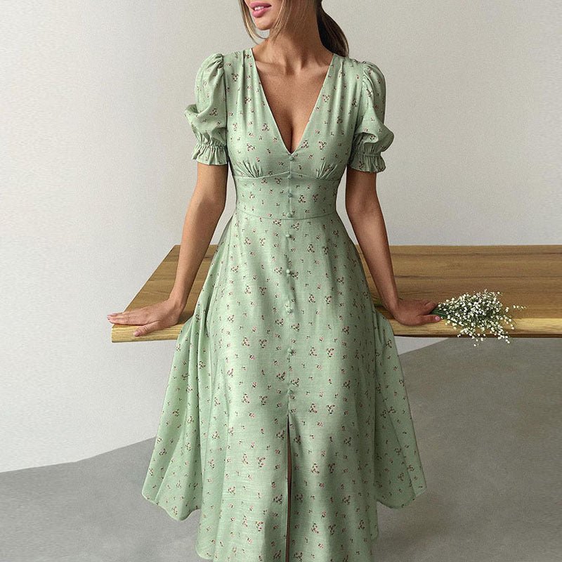 Robe midi boutonnée élégante avec col V et manches lanternes robe imprimée Femme - RAPHYA