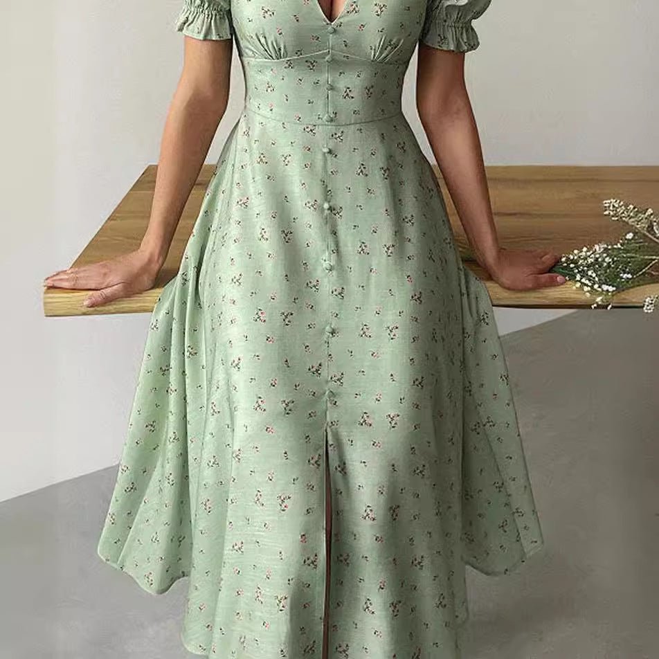 Robe midi boutonnée élégante avec col V et manches lanternes robe imprimée Femme - RAPHYA