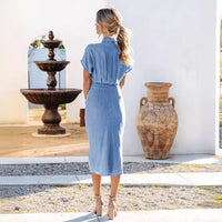 Robe midi plissée fendue à col chemise et coupe slim en denim délavé Femme - RAPHYA