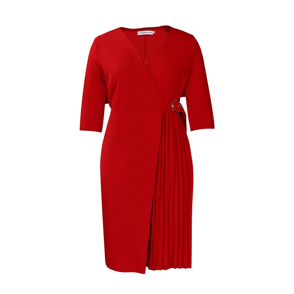 Robe plissée à manches mi-longues, couleur unie, col en V, taille tendance Femme - RAPHYA