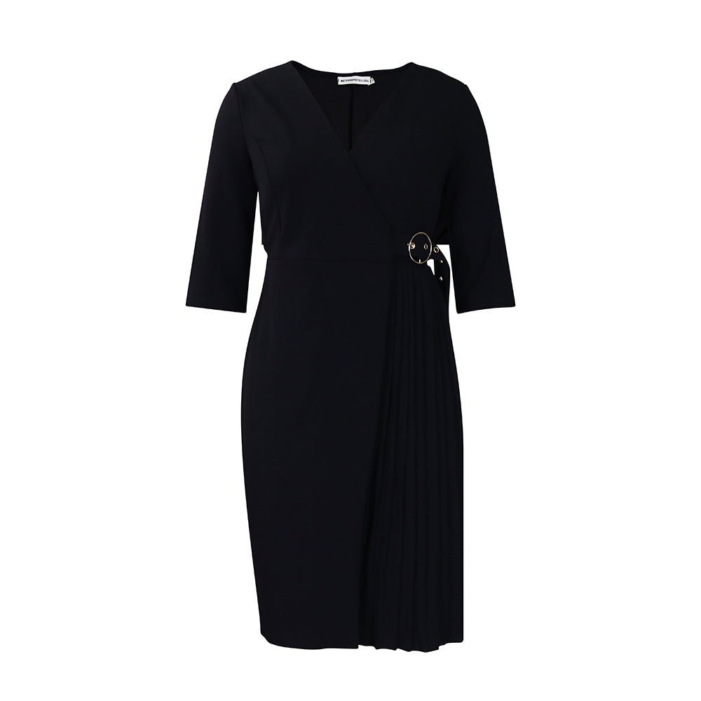 Robe plissée à manches mi-longues, couleur unie, col en V, taille tendance Femme - RAPHYA