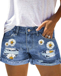 Short en jean déchiré taille haute fleuri Femme - RAPHYA