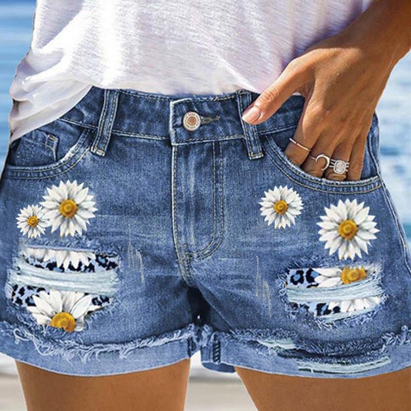 Short en jean déchiré taille haute fleuri Femme - RAPHYA