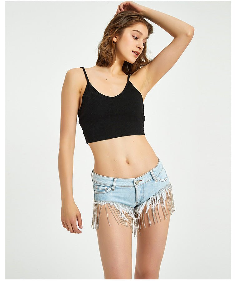 Short en jean sexy avec pompon et chaîne de diamants à élastique électronique Femme - RAPHYA