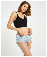 Short en jean sexy avec pompon et chaîne de diamants à élastique électronique Femme - RAPHYA